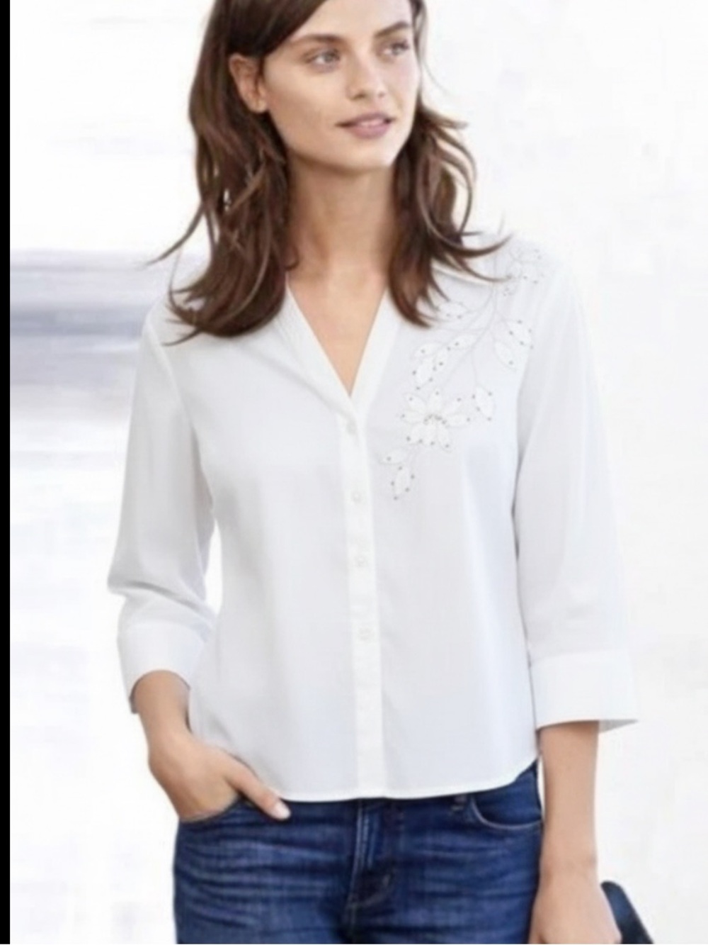 White Silver Floral Embroidered V Neck Shirt 21